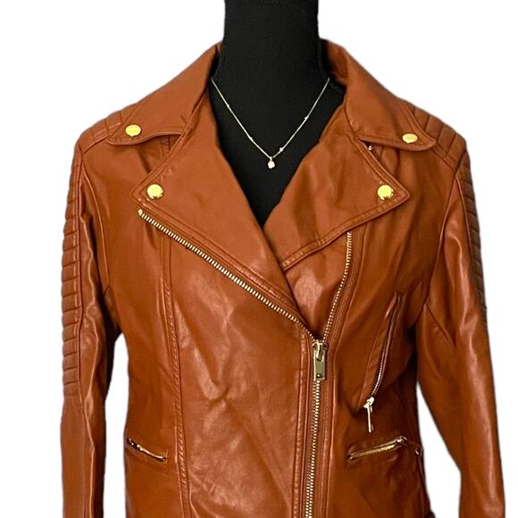 Love Tree Women's Medium Faux Leather Brown Fall Jacket Gold Zipper - Picture 12 of 12